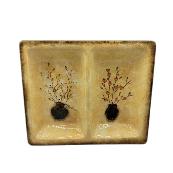 222 Fifth Gold Earth Tones Stoneware Floral Divided Relish Tray or Decor 12x9 - Picture 2 of 9
